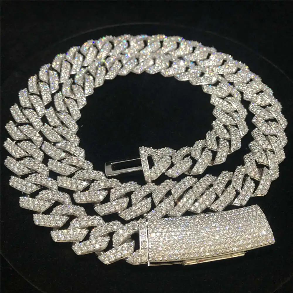 Full Iced Out Diamond Long Box Clasp 15mm Cuban Link Vvs1 Moissanite Hip Hop Jewelry Chain Sterling Silver Cuban Bracelet