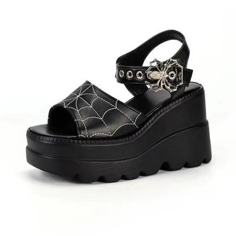 Sandalias góticas de estilo Punk con cuña para mujer, tacones ultraaltos de 9cm, punta abierta, suela gruesa, correa en el tobillo de araña, sandalias informales con talón descubierto