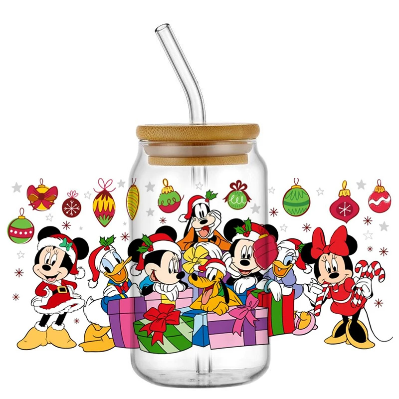 Miniso Mickey and friends happy Christmas Waterproof UV DTF Sticker for 16oz Label Cup Wrap Transfer Sticker Self adhesive Decal