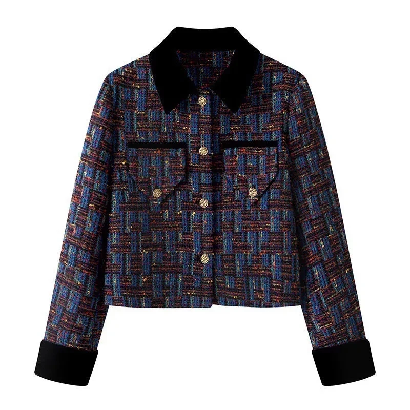 French Retro Color Contrast Small Fragrant Wind Short Coat Women 2026 Spring Autumn New Slim Tweed Temperament Top Female