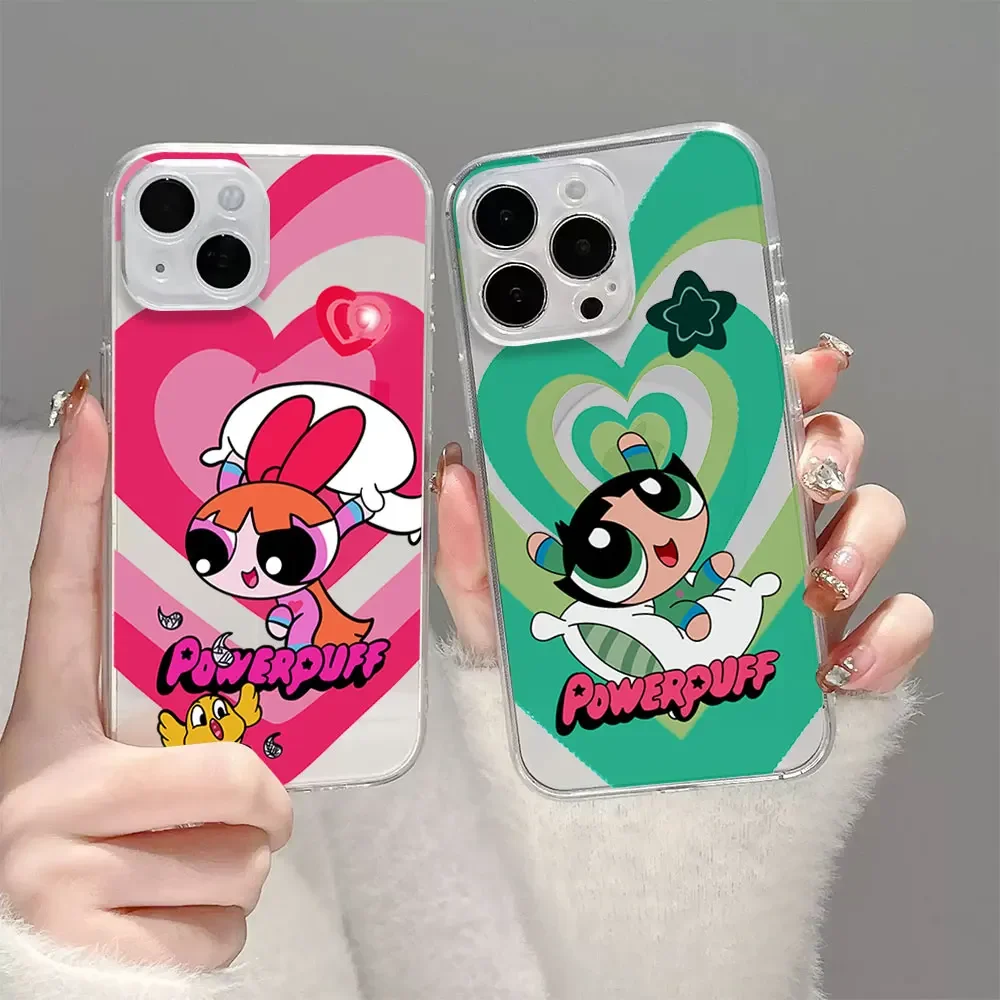 Cartoon P-Powerpuffs G-Girls Phone Case for iPhone 12 11 13 14 15 16 Max Pro Plus Transparent Magsafe Magnetic Wireless Cover