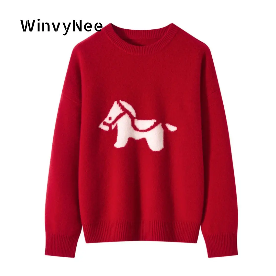 

WinvyNee Women's Pure Wool Red Long Sleeve Solid Loose Style O Neck Horse Thick Pullovers Soft Knitted Tops Winter ZA1523001