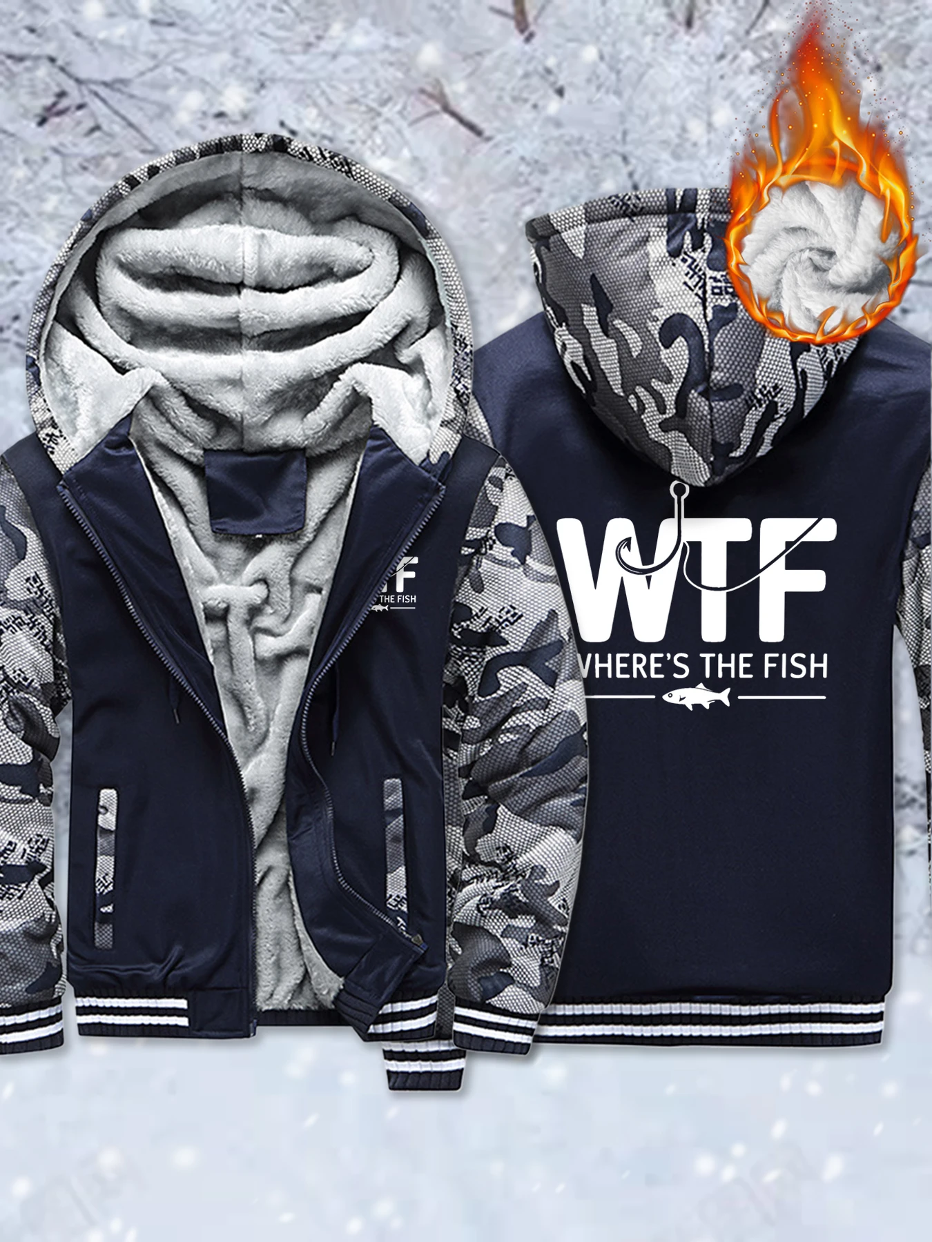 

Утепленные пальто с принтом «Где рыбу», мужские повседневные свободные толстовки, флисовая зимняя куртка, камуфляжная осенняя спортивная одежда на молнии