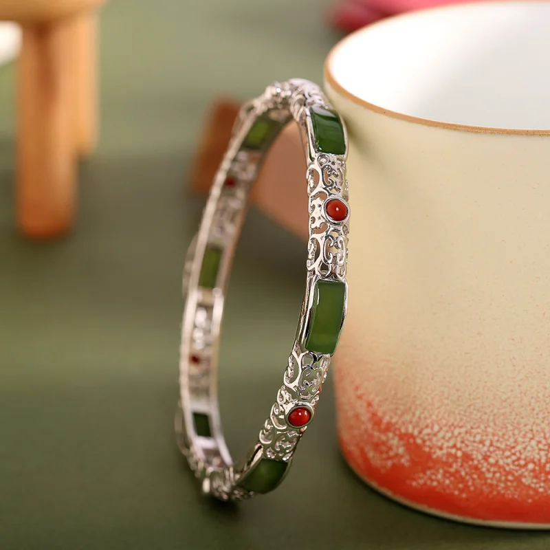 

Hand Jewelry S925 Inlaid Hetian Jasper Bracelet Hollow Women'S Silver Bangle