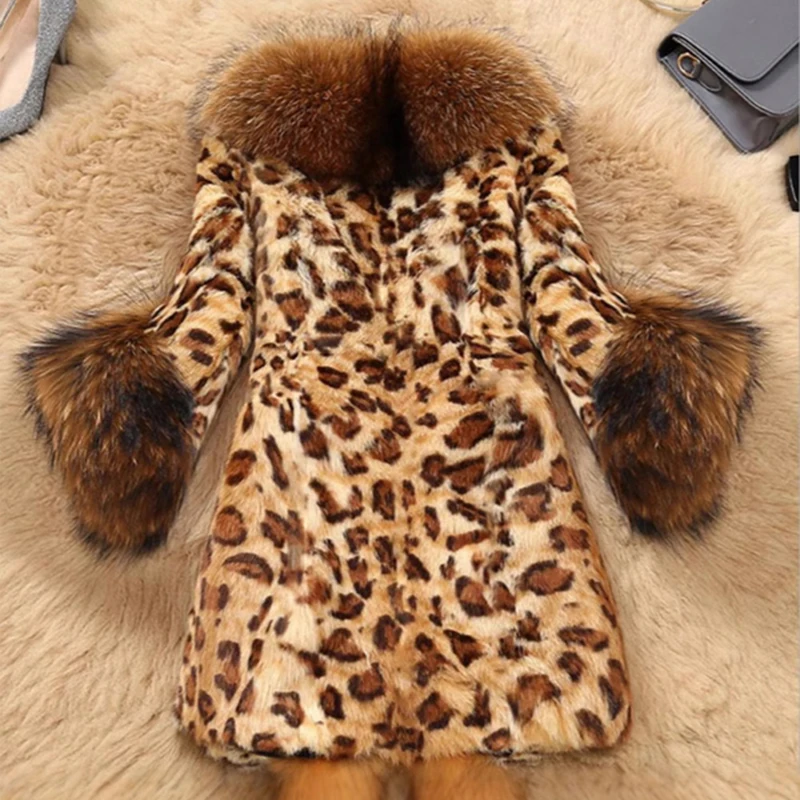 2025 nova jaqueta de pele de imitação gola de pele do falso clássico leopardo casaco de comprimento médio maré jaquetas casaco de moda de inverno para mulher