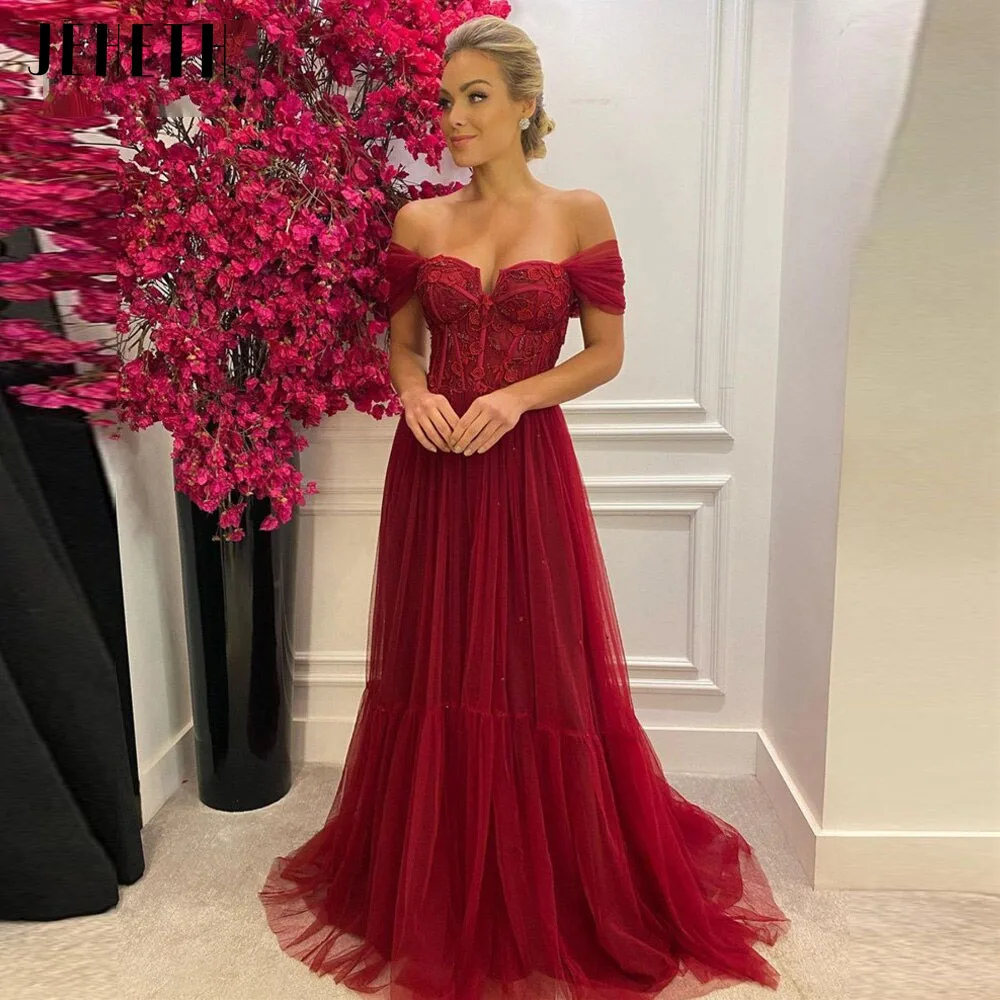 JEHETH Vino Rosso Off Shoulder Prom Dress Sweetheart Pizzo Applique Abiti da sera per le donne Tulle JEHETH Wine Red Off spalla Prom Dress Sweetheart Lace Applique abiti da sera per donna Tulle a-line muslimexmuslimate