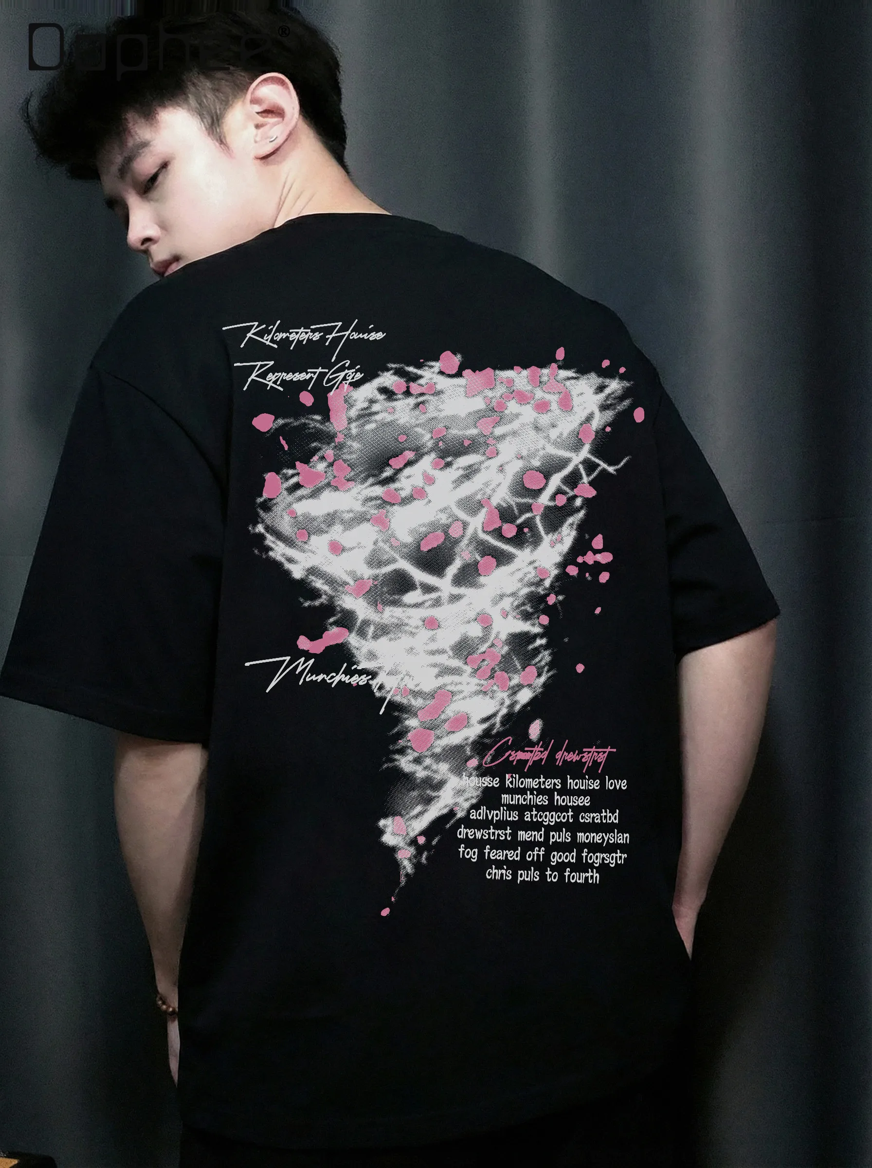 

Summer New American Streetwear Loose Casual Everyday Men's Cherry Blossom Letter Print Black Round Neck Short Sleeve T-shirt