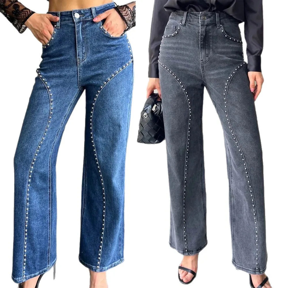 

Fashionable Street Style American Casual Straight Leg Jeans High Waist Cotton Polyester Blend Rivet Detail Versatile Denim Pants