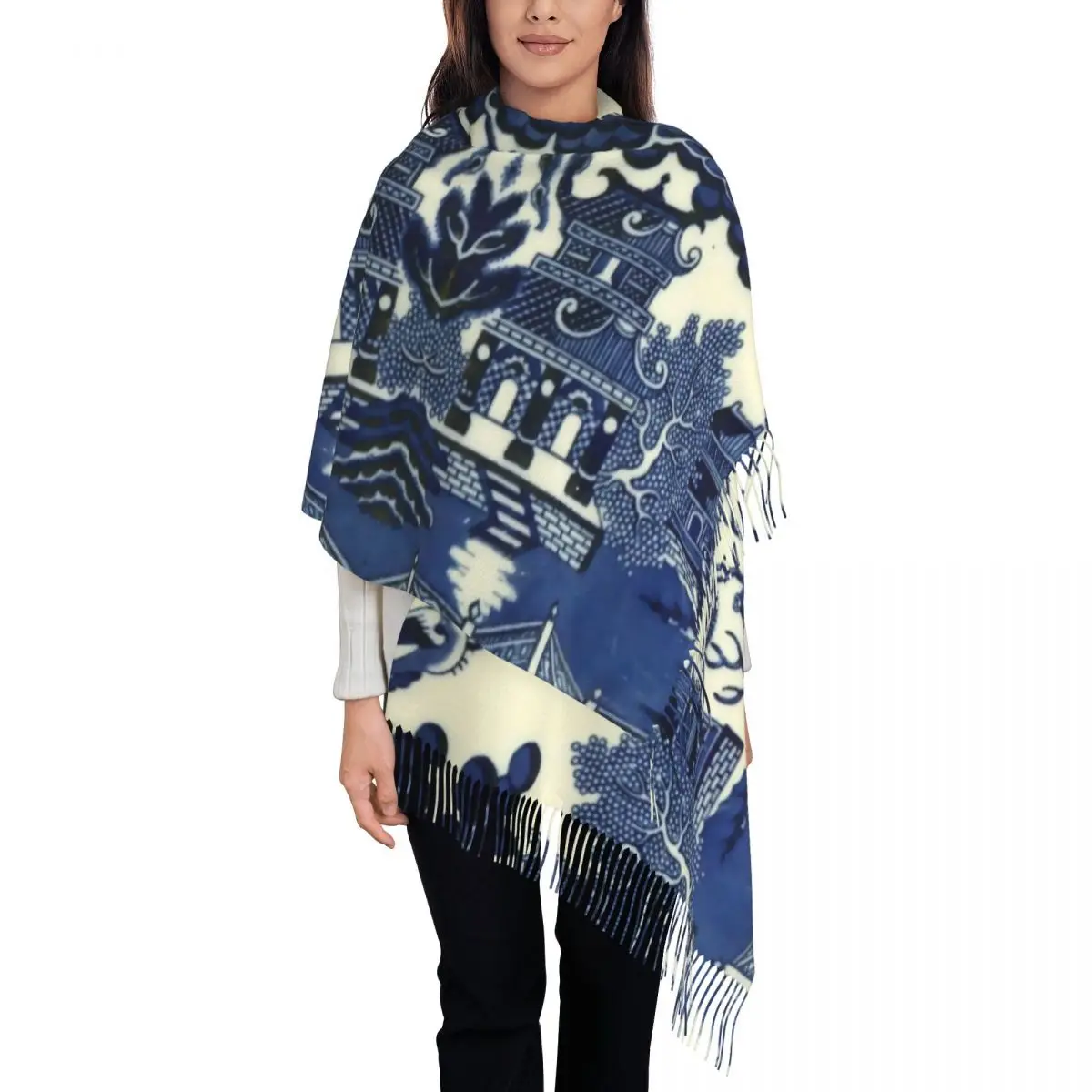 Fashion Antique Willow Ware Oriental Toile Tassel Scarf Winter Fall Warm Shawls Wraps Lady Blue Delft Chinoiserie Pagoda Scarves