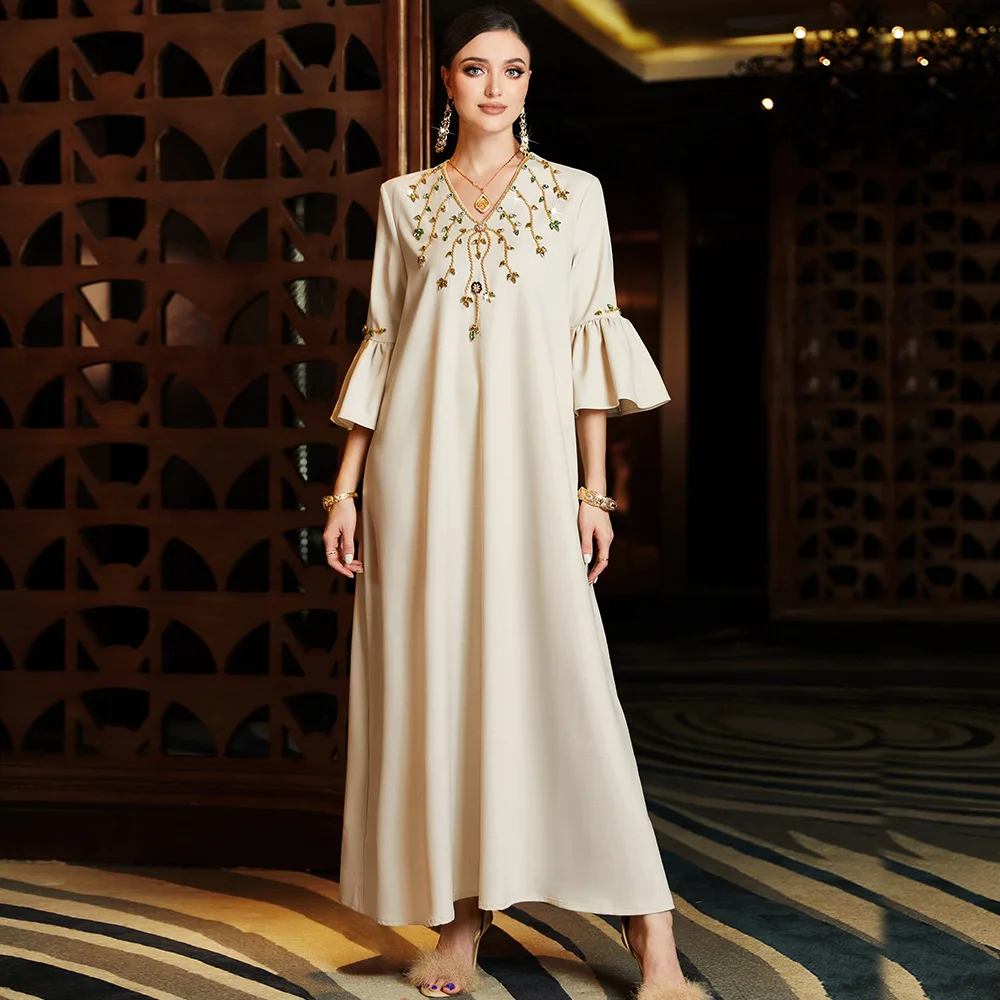 Women Dubai Rhinestone Dress Party Gown Summer Islamic Muslim Slim Abaya Kaftan Turkey Robe Moroccan Jalabiya Vestidos S-2XL