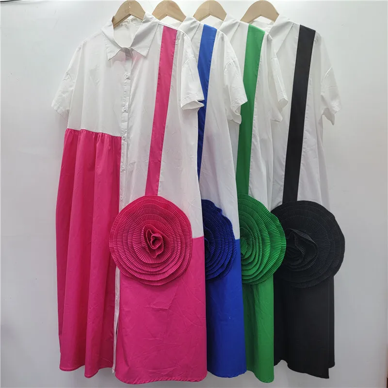 Whth moda feminina emendado 3d enrugado flor camisa vestido 2025 verão lapela mangas curtas vestidos femininos 1ls2027