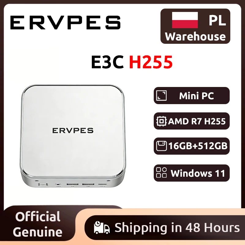 Mini PC ERVPES E3C, AMD Ryzen 7 H255, 16GB DDR5 5600MHz, 512GB SSD, Win11, Wi-Fi 6, BT5.2, Mini Computadora de Escritorio para Juegos