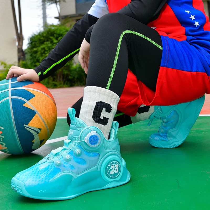 

Boys' shoes Comfortable non-slip children's breathable sneakers Boys running rotary button basketball shoes cushioned luminous