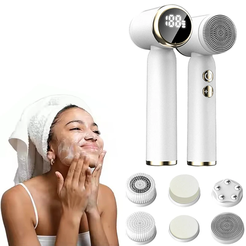 

Перезаряжаемое водонепроницаемое электрическое очищающее средство для лица 6-в-1 с вращающейся очищающей щеткой для лица и функцией массажа