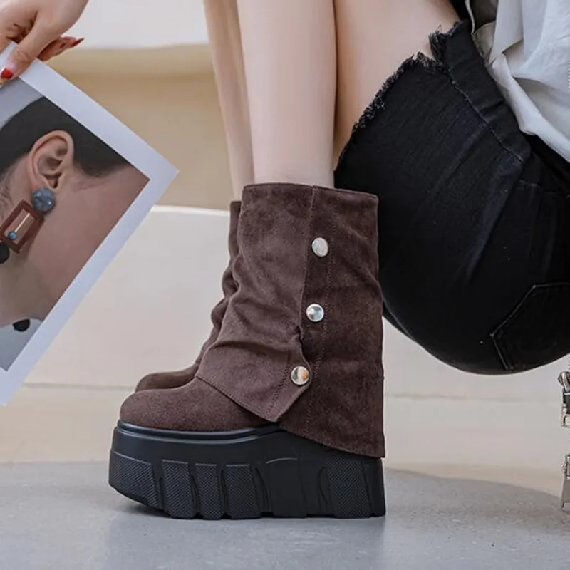 

2026 NEW 14cm Women Ankle Boots Microfiber Leather Waterproof Warm Fur Winter Boots for Women Booties Platform Hidden Heel Shoes