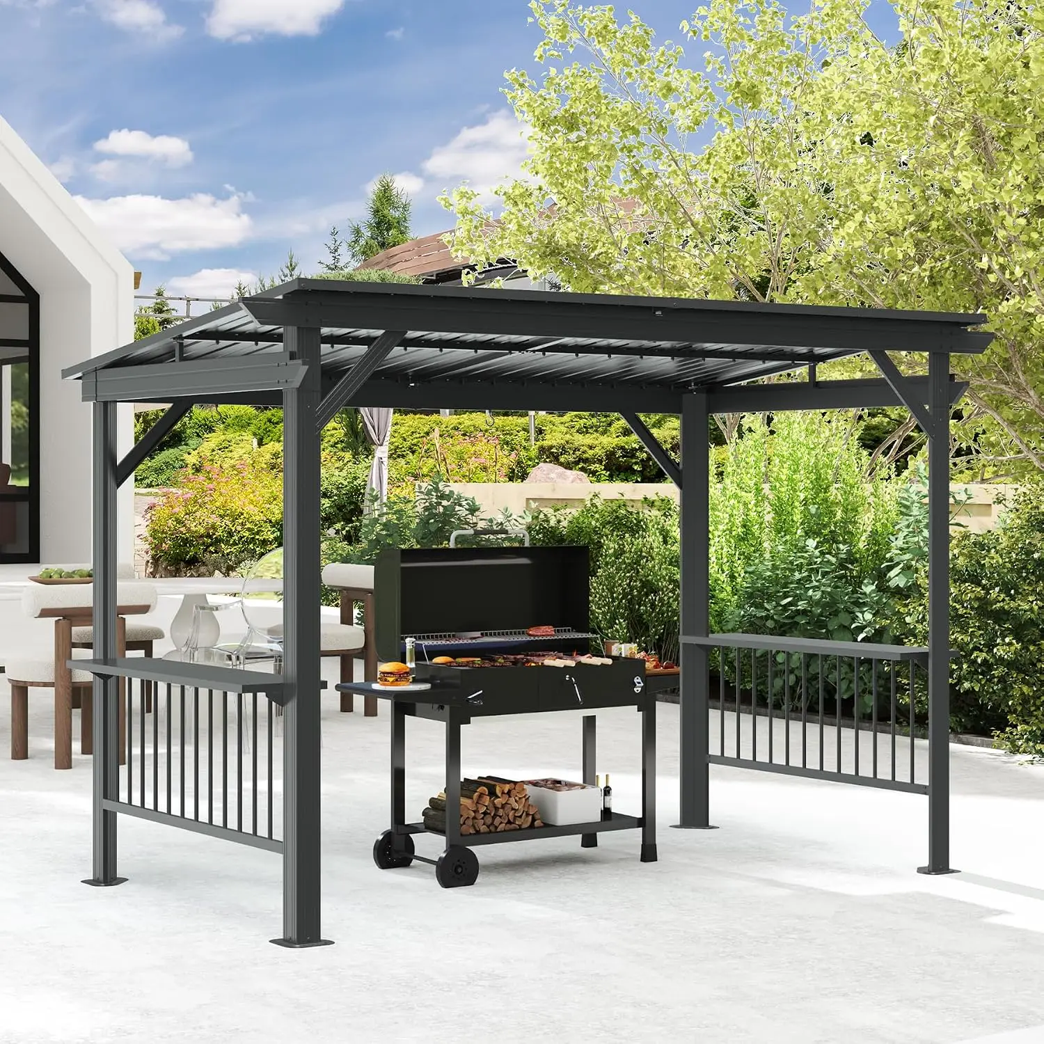 6.5x12FT Hardtop Grill Gazebo Outdoor BBQ Shelter 2 Side Shelves Steel Roof Sun Shade Ceiling Hooks Patio Deck, Customized