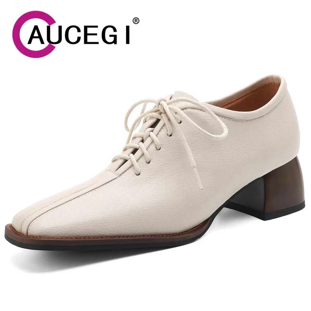 

Aucegi Top Quality Classic Women Handmade Pumps Lace Up Genuine Leather Thick Heels Fashion Square Toe Shoes Big Size 34-43
