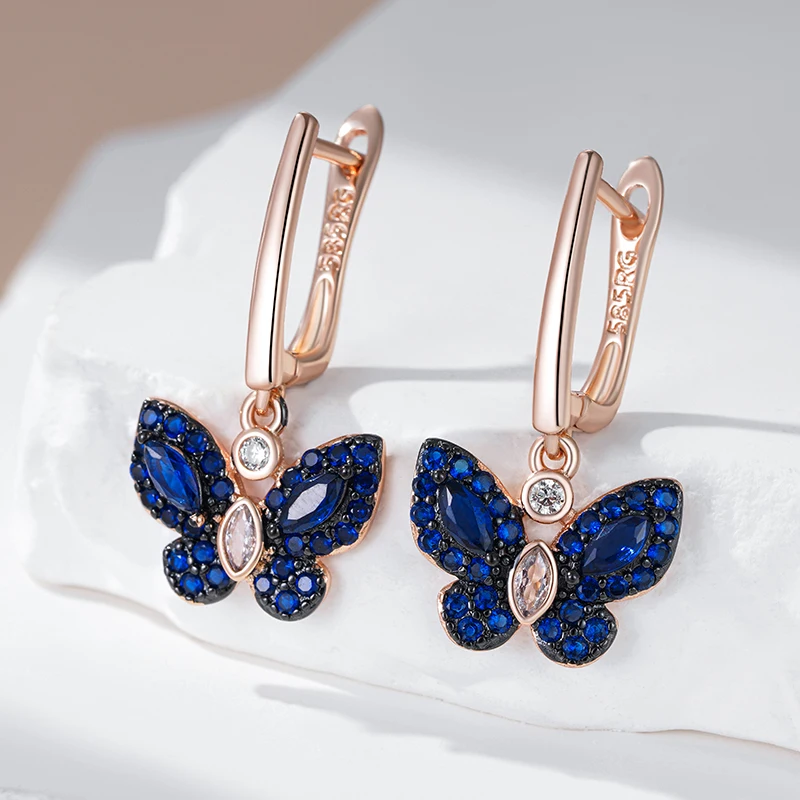 Kinel Hot Blue Natural Zircon Butterfly Drop Earrings For Women 585 Rose Gold and Black Plating Animal Daily Fine Punk Jewelry