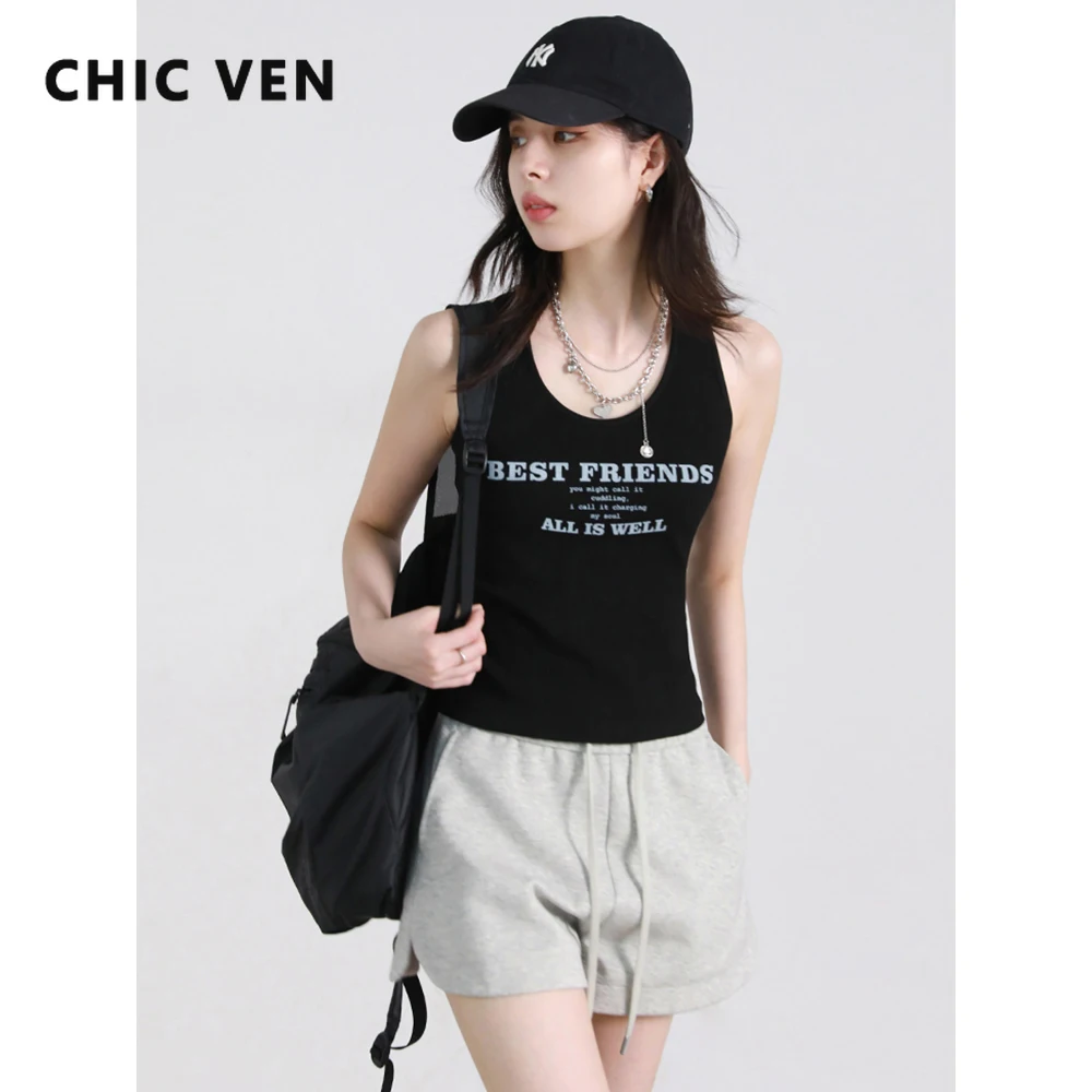 

CHIC VEN Women T-Shirts Pullover Slim New U-neck Letter Printed Girl I-shaped Vest Female Camisole Spring Autumn 2025