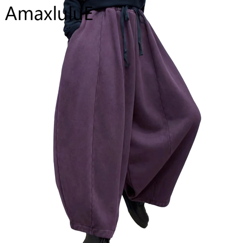 Amax LuluE 2026 Japanese Winter Ladies Fur Fashion Pants Womens Loose Vintage Casual Soild Thicken Warm Elastic Waist Trousers