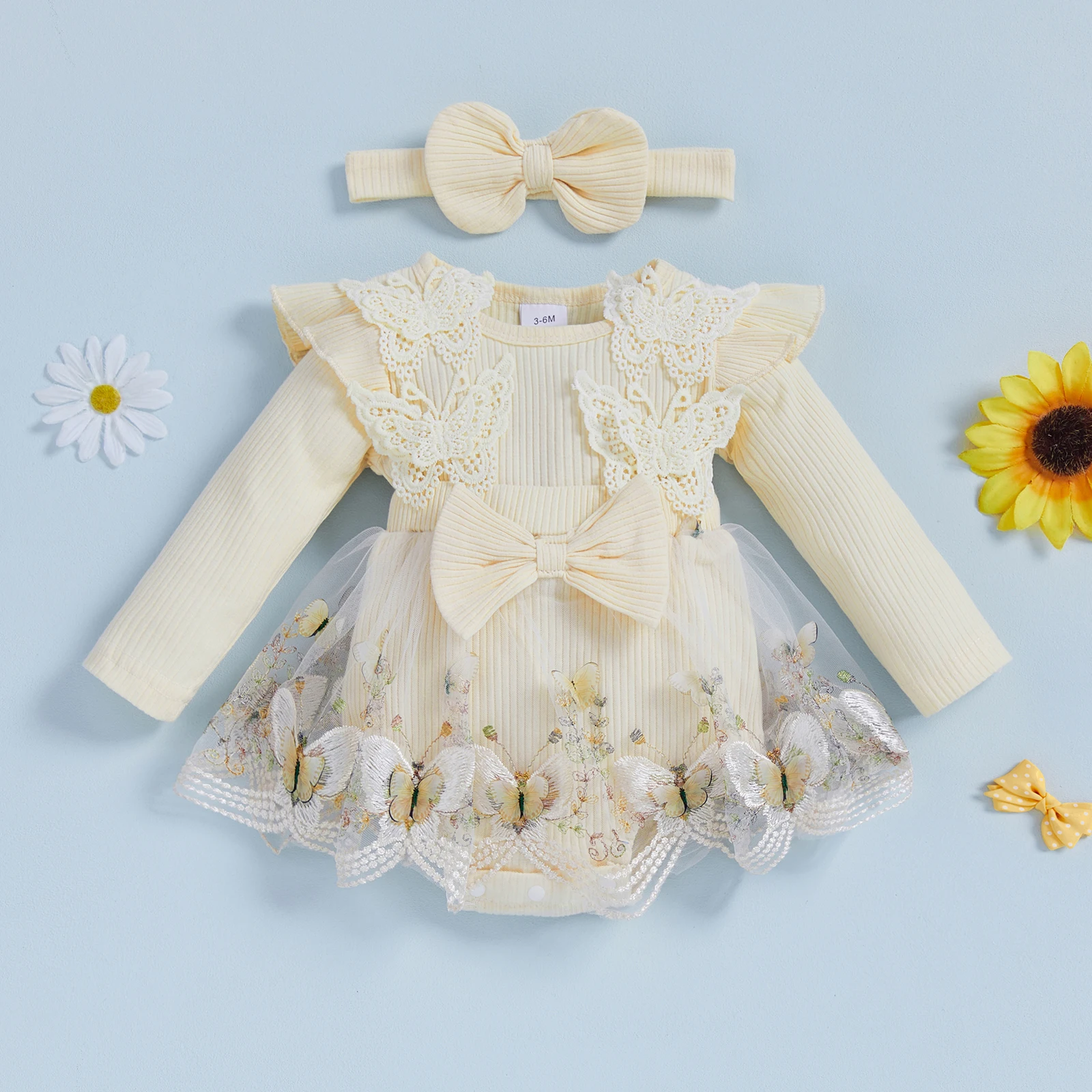 

Newborn Girl Outfit Long Sleeve Crew Neck Embroidery Butterfly A-line Romper Dress with Bowknot Headband Clothes