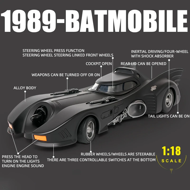 Large 1:18 1989 Batmobile Classic Tank Alloy Metal Diecast Model Car Sound & Light Collection Hobby Decorations Display Ornament