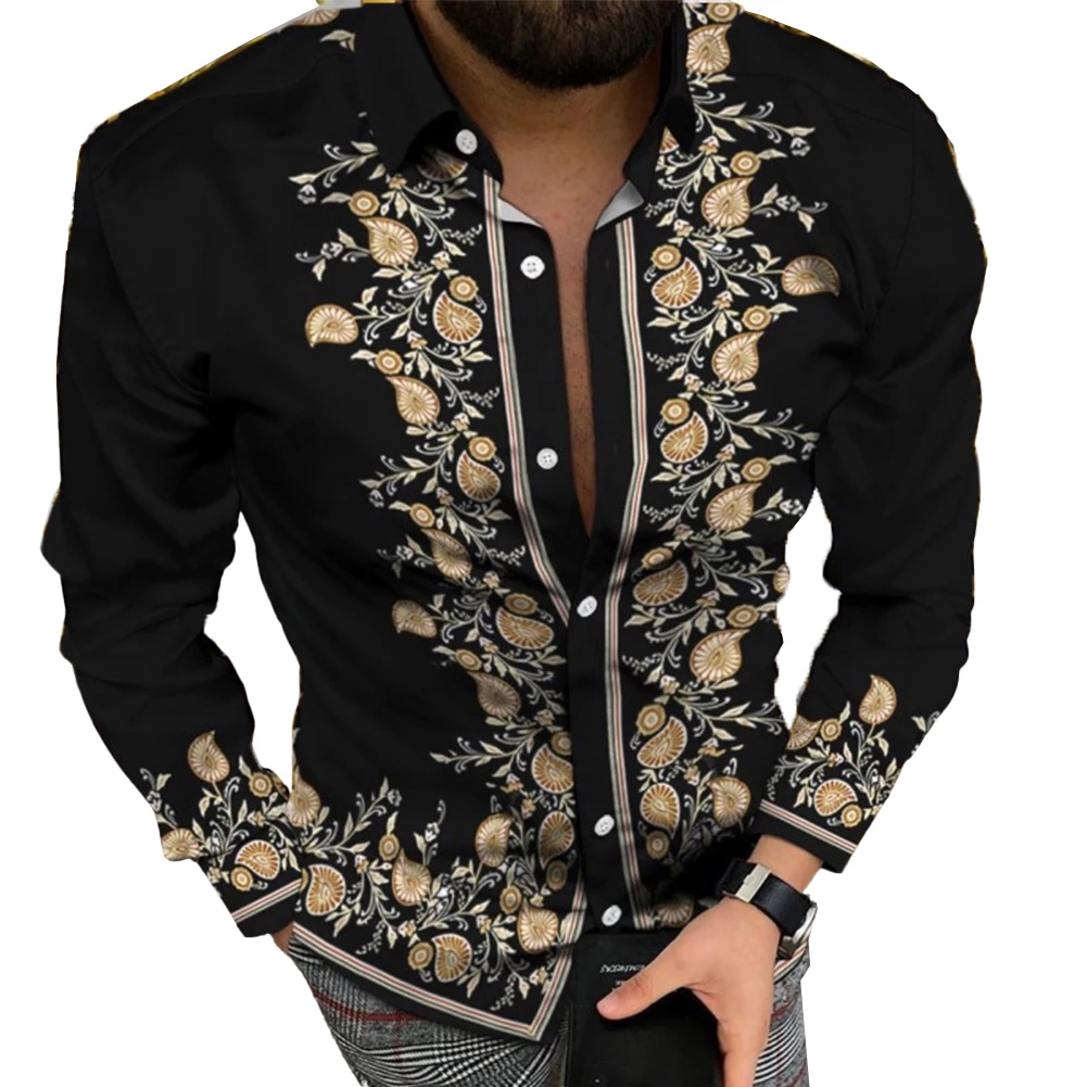 2023 New Autumn Fashion Men Print Button Down Muscle Fitness Shirts Baroque Long Sleeve Party T Dress Up  Vintage Streetwear