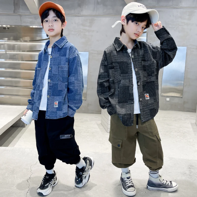

New Autumn Children Stylish Plaid Denim Jacket for Tweens Boy Fashion Casual Clothing Outfits Kids Luxury Clothes Coat 5 To 14 Y