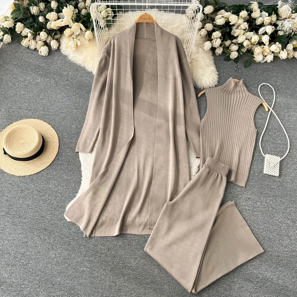 

Falls New Casual Loose Knitwear Mathing Sets Lady Autumn Long Sweater Cardigan Vest Wide Leg Pants Suits Tops Trousers Outfits