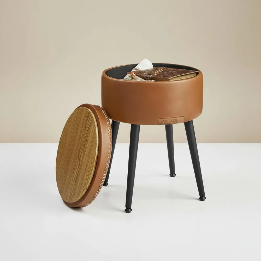 

Mid-Century Modern Storage Ottoman - Round Vanity Chair Stool, Synthetic Leather, 330lb Capacity, Caramel Brown