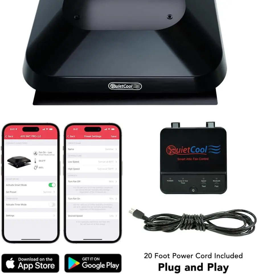 Quietcool Afr Smt Pro-2.0 Roof Mount Smart Attic Fan - 1922 Cfm - Smart App Control - Thermostat And Humidistat - 20Ft Power