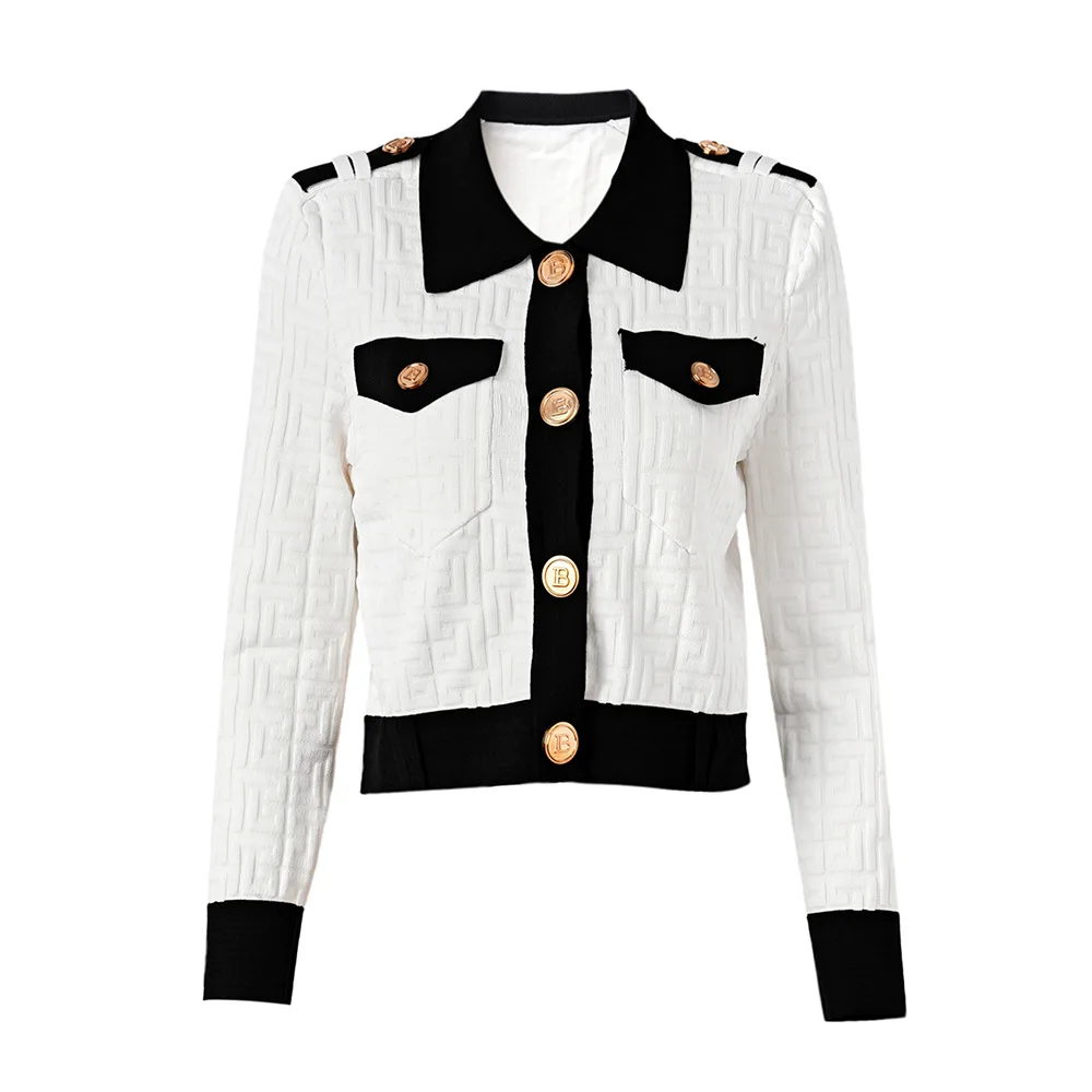 Newest 2023 Women Autumn Vintage Colorblock Coat Single-breasted Turn-down Collar Knitted Lady Casual Slim Cardigan