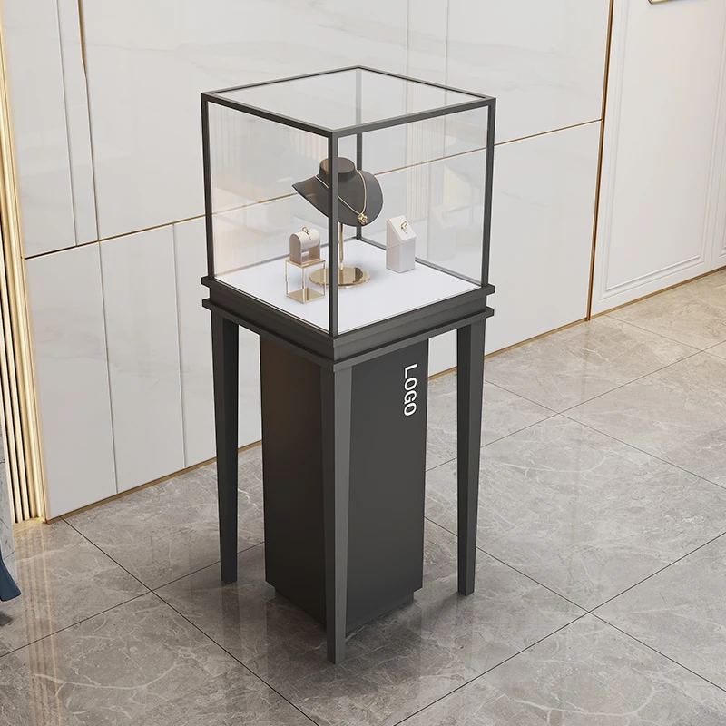 

Custom.Customized Glass Jewelry Display Cabinet Luxury Stainless Steel Furniture Luminous LED Lighting Jewelry Store Display Cab