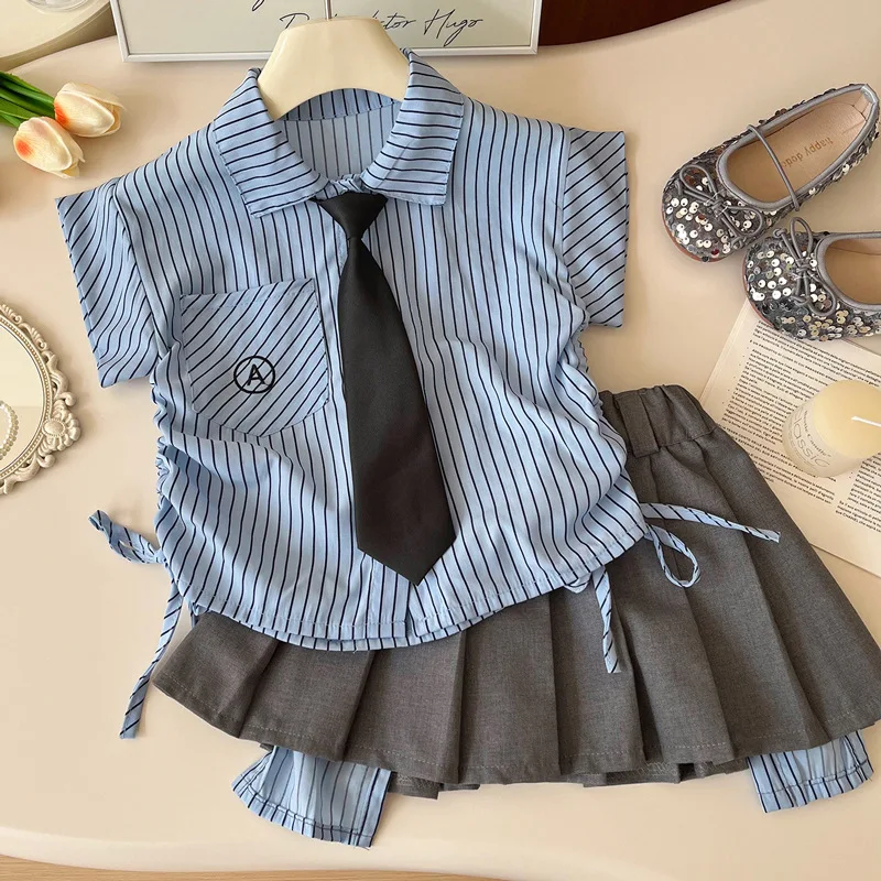 

Girls' Summer Suit2024New Children's Short Sleeve Shirt Pleated Skirt Two-Piece Set Women's Treasure College Style Suit Skirt