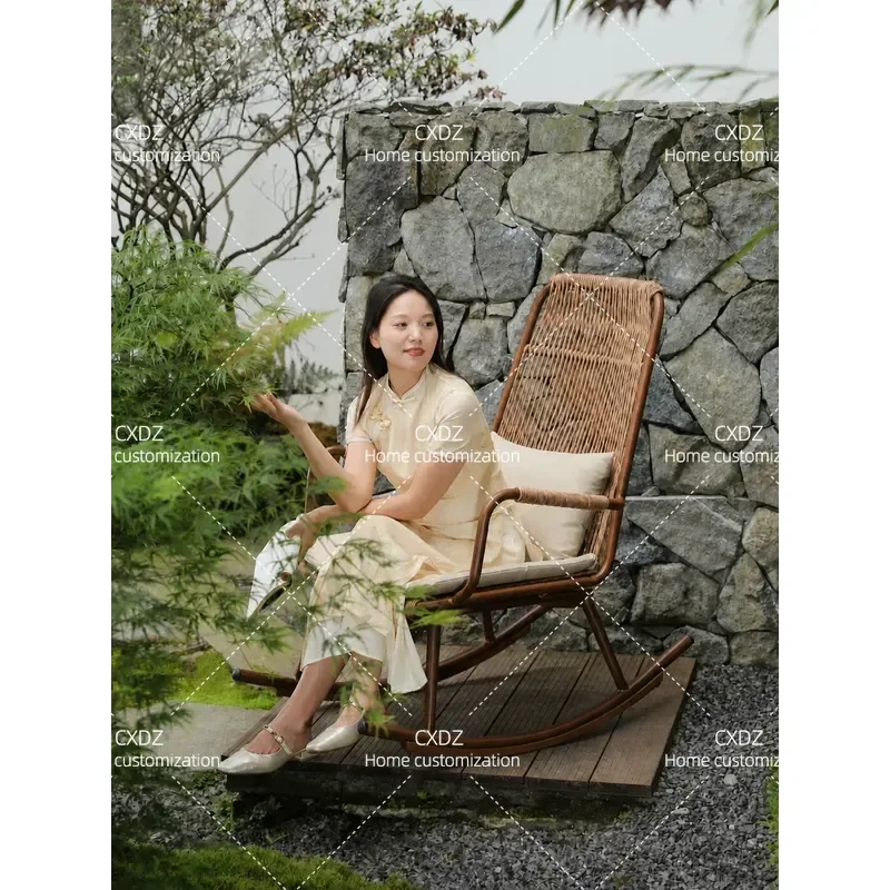 Woven Rattan Rocking Chair Outdoor Recliner Sofa Lazy Garden Lounge Chair for Sleeping Leisure and Back Support