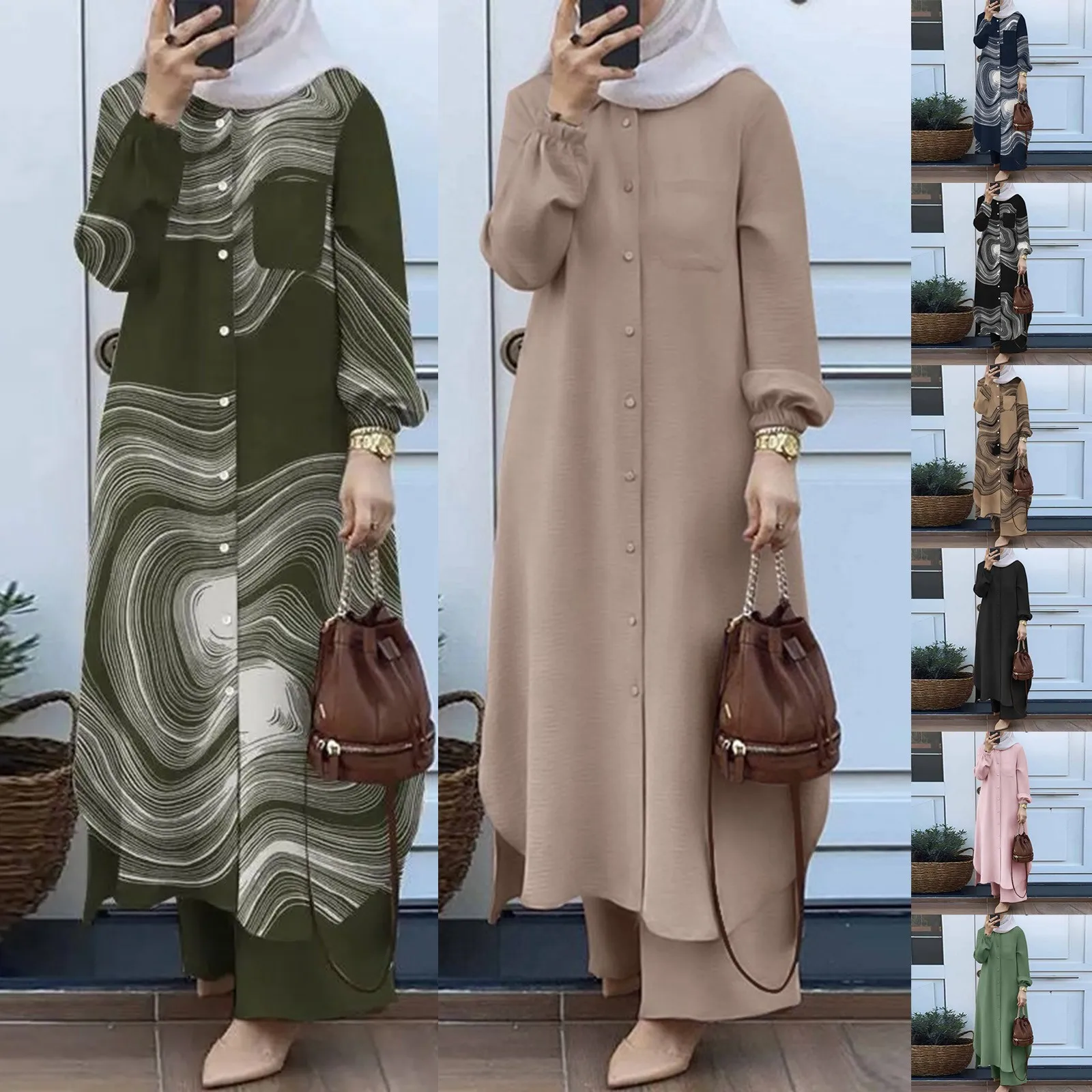 Muslim Sets Turkey Dubai Abaya Women Long Sleeve Buttons Up Shirt Set Causal Pants Suits Abayas For Women IsIamic Outifits