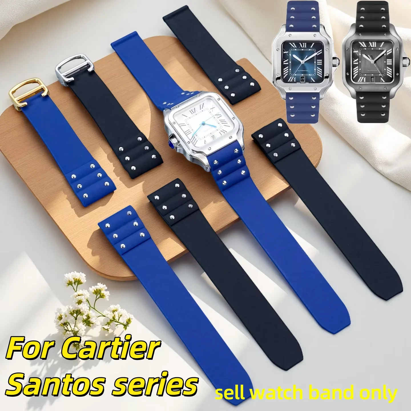 

Силиконовый ремешок для часов 21 мм для Cartier Santos WSSA0009 WSSA0018/13, водонепроницаемый резиновый ремешок для часов, складная застежка, черный, синий цвет