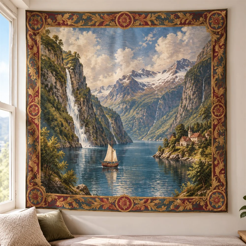 VIKAMA Norwegian Fjord Tapestry Wall Hanging, Aesthetic European Room Decor Tapestries for Nursery Kids Room Bedroom Living Room