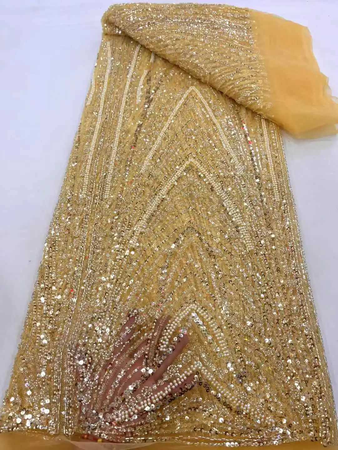 Tecido de renda frisado de malha francesa lantejoulas africanas, tecido de renda do noivo para vestido de casamento nigeriano, luxo high-end, 2024