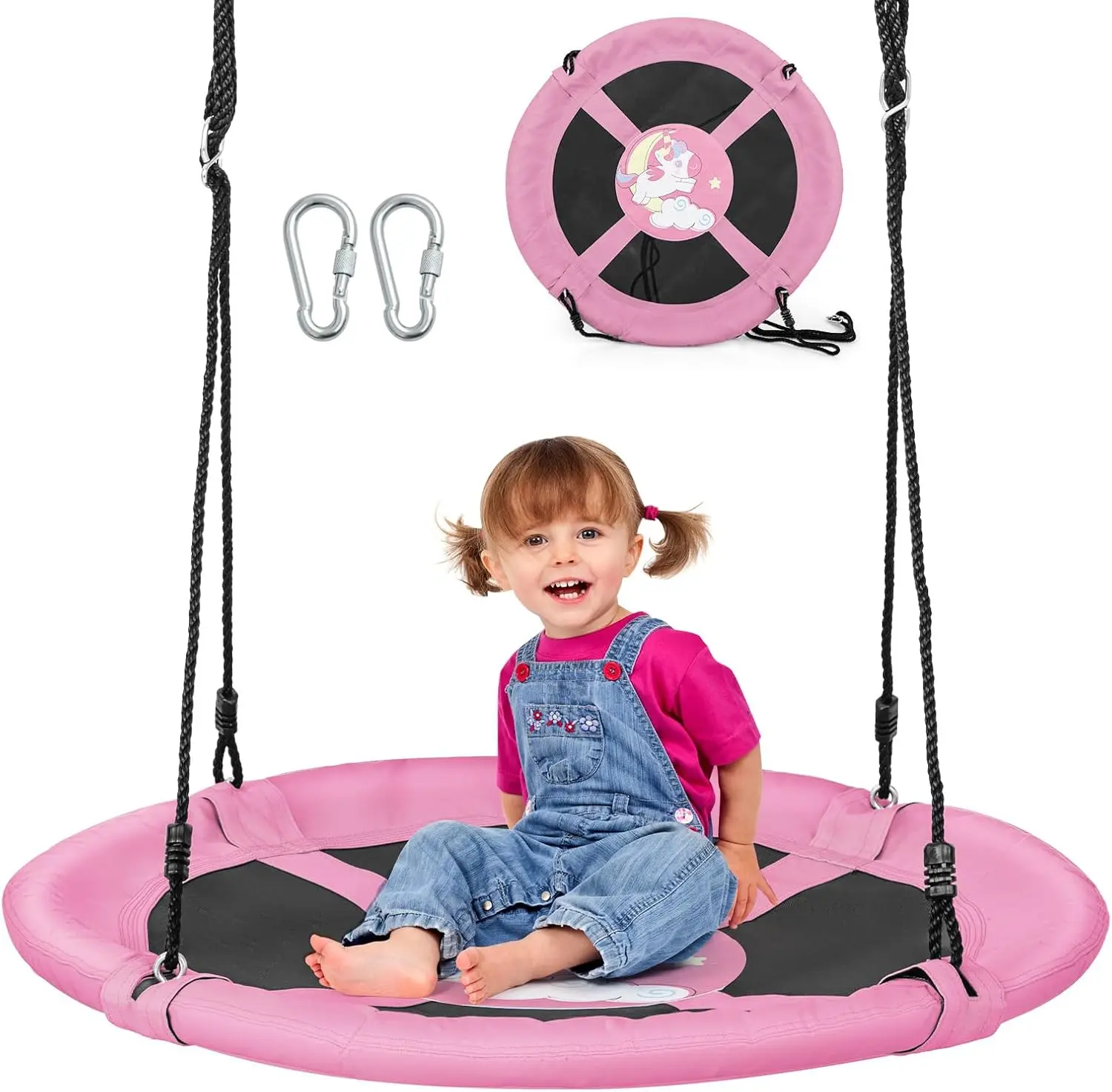 

40" Pink Unicorn Saucer Swing for Kids, Adjustable Ropes, Waterproof Oxford Cloth, Outdoor Backyard Play