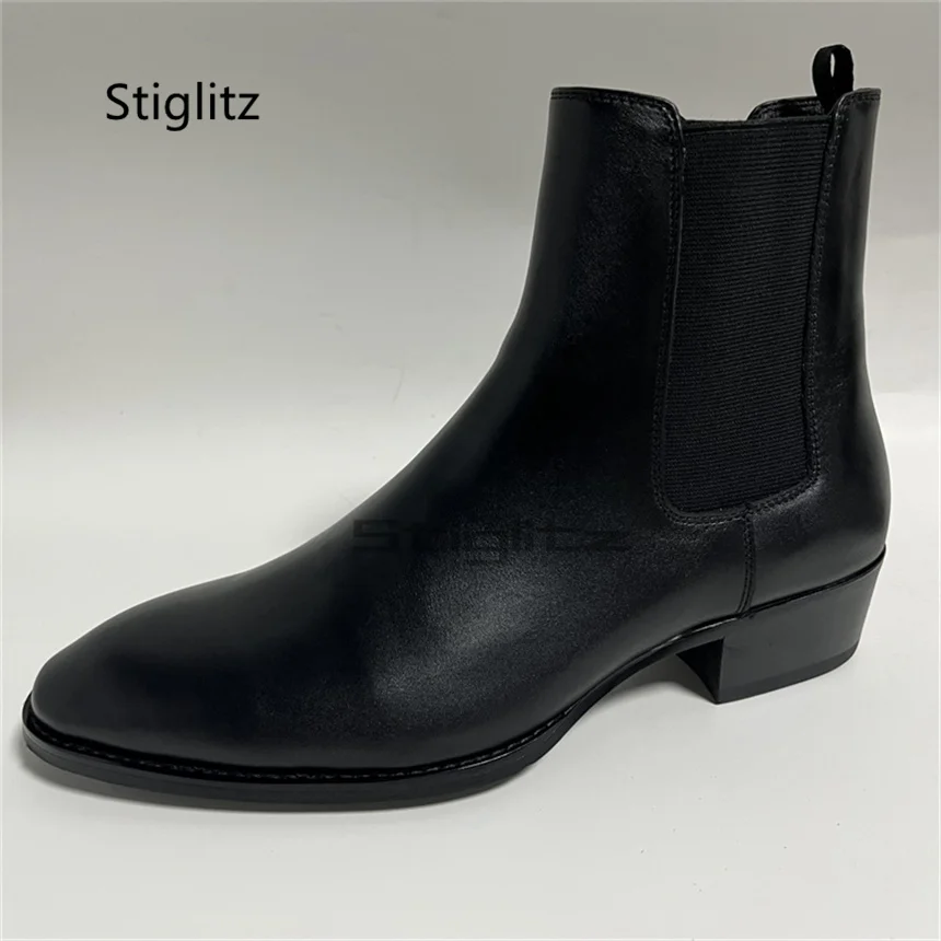 

Черные мужские ботинки челси из натуральной кожи, эластичные ботинки без шнуровки, с острым носком, на среднем каблуке, ботильоны ручной работы, деловая обувь