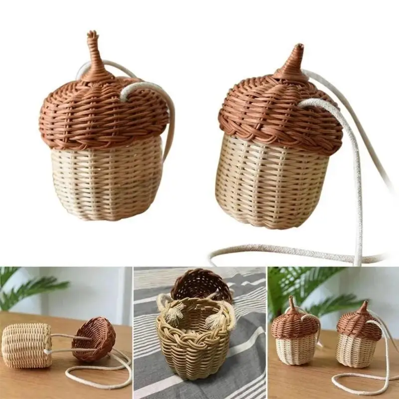 Cesta de almacenamiento navideña 2026 con forma de bellota, bolso redondo de mimbre tejido a mano, cubo de playa tropical, bolso de hombro tejido