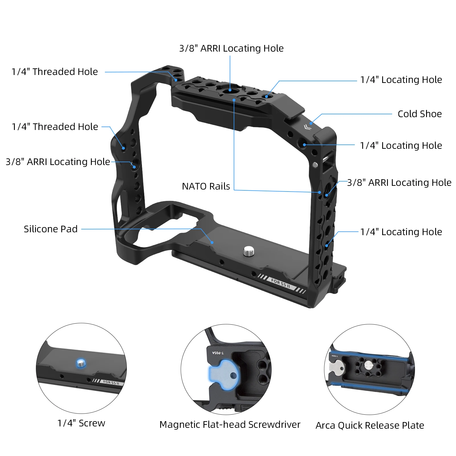 

Nitze Cage with NATO Rail Cold Shoe Arca Swiss Plate Design for Camera Panasonic Lumix G9 II / S5 II / S5 IIX T-P05A