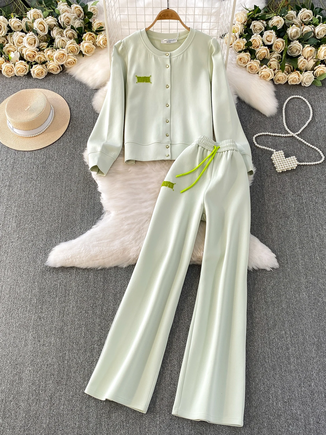 

Elegant Autumn Winter Embroidered Jacket High Waist Wide Leg Pants round Neck Single Button Two Piece Set Women's Fashion