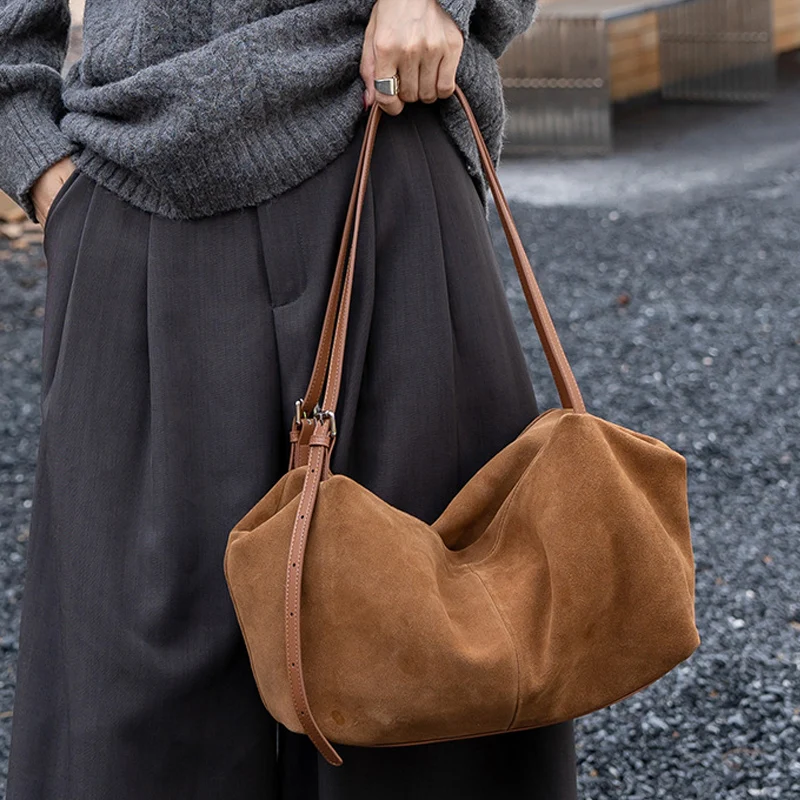 

Suede Genuine Leather Shoulder Bag High-quality Luxury Soft Cowhide Pillow Bag Zippered Large Capacity Commuter Casual Tote Bag
