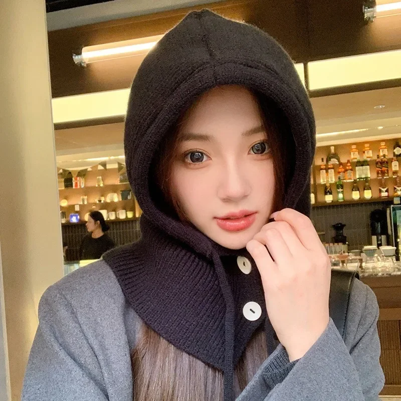 Winter Fashion Knitted Hooded Hat Women Grey Neck Cover Balaclava Beanies Korean Trend Y2k Wool Pullover Hat