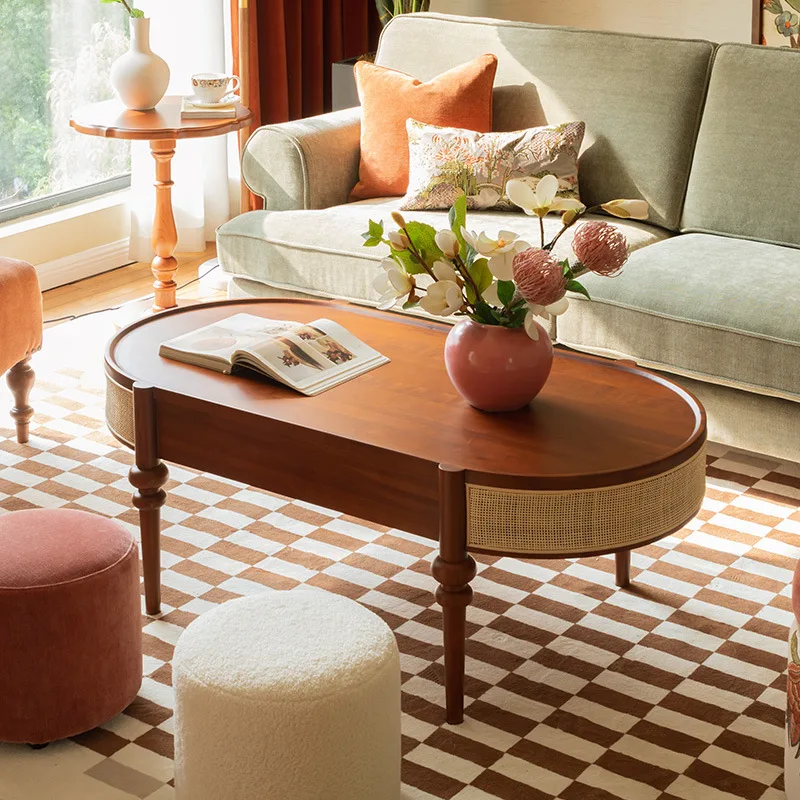 American retro oval solid wood rattan coffee table, drawer storage, small apartment, quiet living room, low table