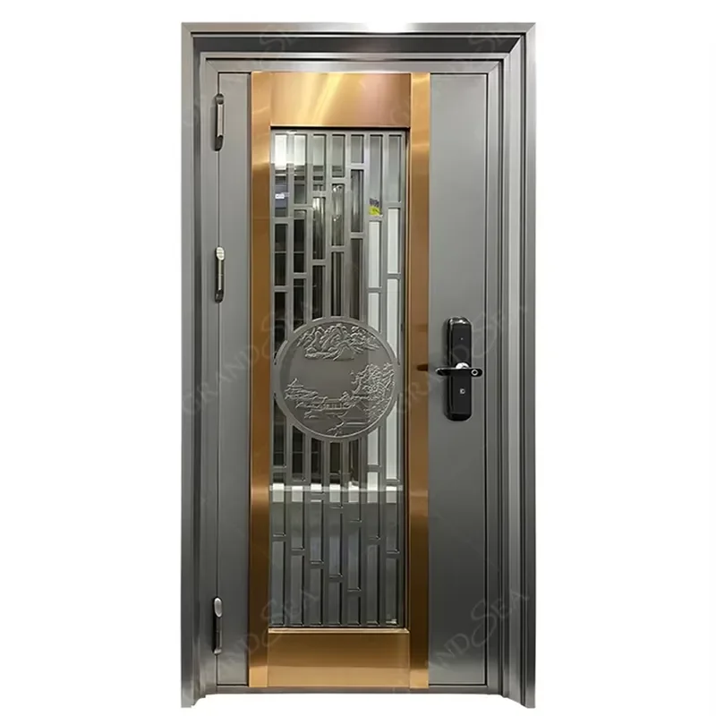 Dubai Cast Vertical Grain Golden Color Frosted Glass Bronze Color Stainless Steel Entrance Door