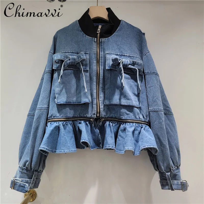 

Fashion Big Bow Splicing Ruffle Edge Zipper Removable Loose Denim Jacket Women's Autumn 2025 New High Street Lady Coat Tops
