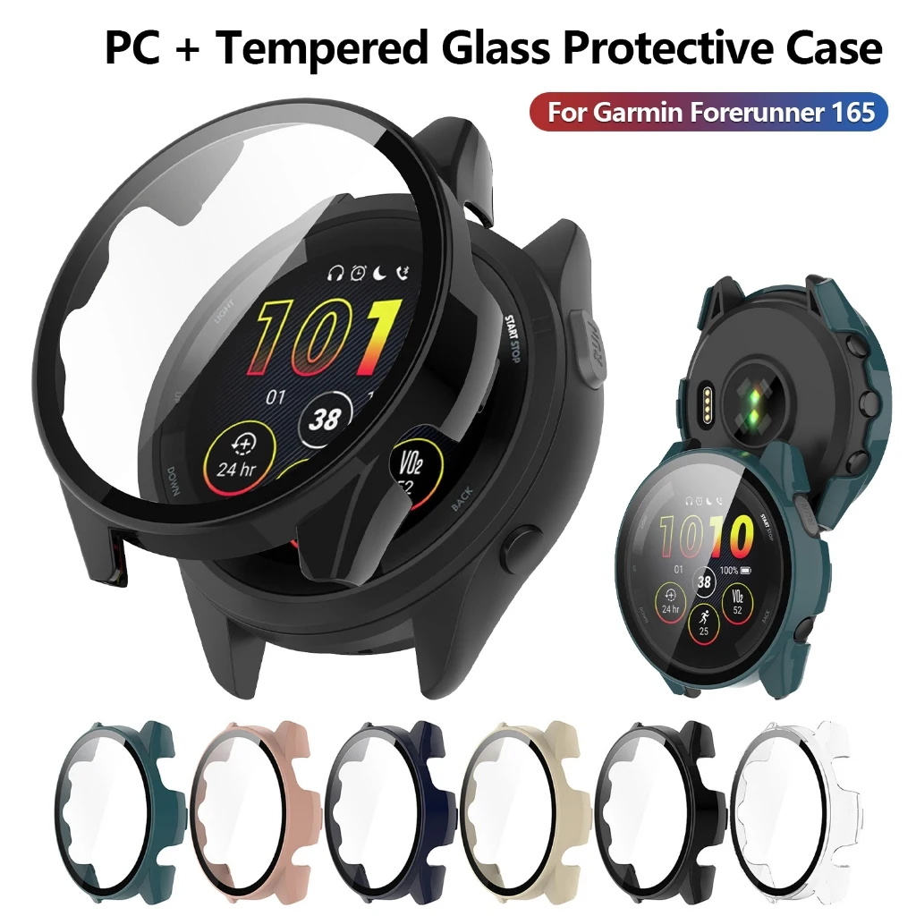 For Garmin Forerunner 165 /165 Music Tempered Glass+PC Case Hard  Screen Protector Easy Installation All-around Bumper Cover